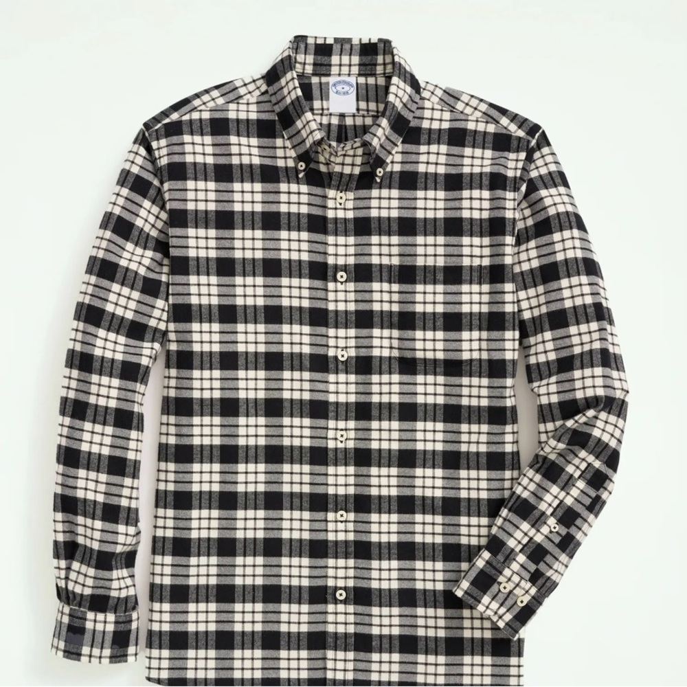 NWT Brooks Brothers Black and White Casual Plaid Flannel Button Down Shirt Sz M